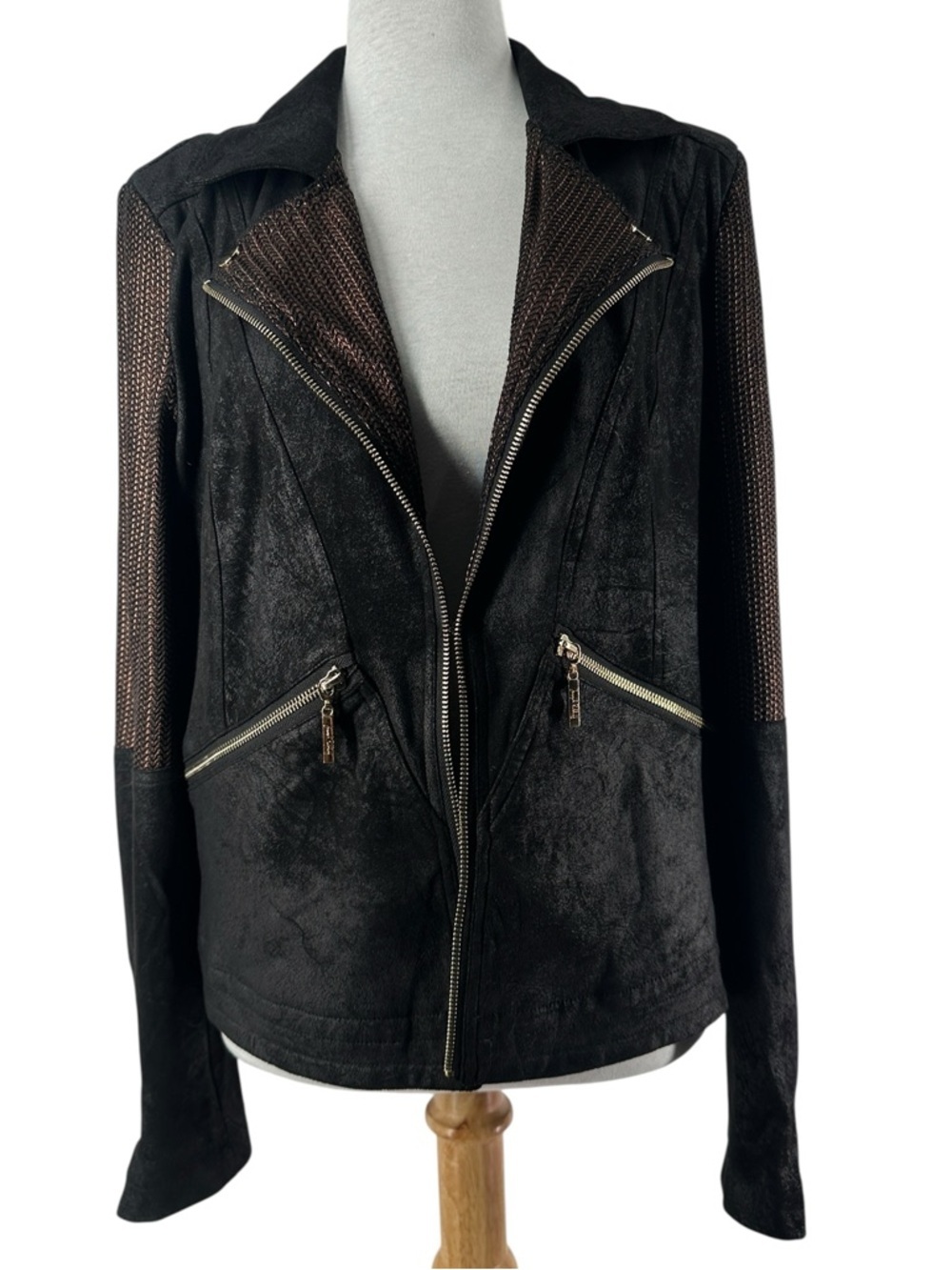 Joseph Ribkoff Two-tone Moto Jacket Style vegan leather eyelet closure sz lg - Picture 4 of 9